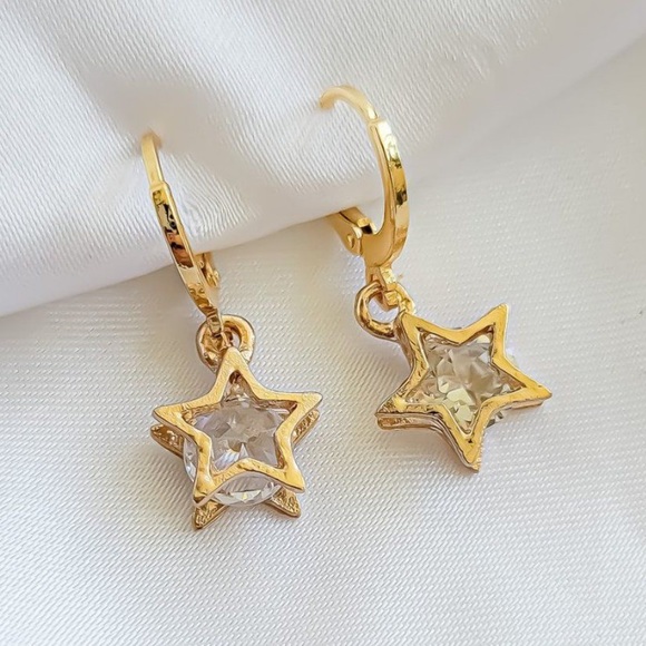 Jewelry - 🌸3/$25 🆕 Gold Star Charm Huggie Hoop Earrings, Crystal Star Dangle Earrings